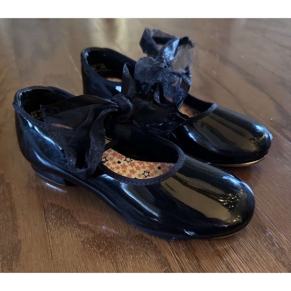 Capezio Black Patent TeleTone Tap Shoes Mary Jane Style Girls Size 11.5